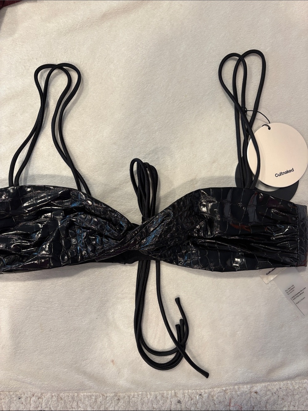 CULTNAKED Glossy Black Croc-Embossed Tie Bikini Top